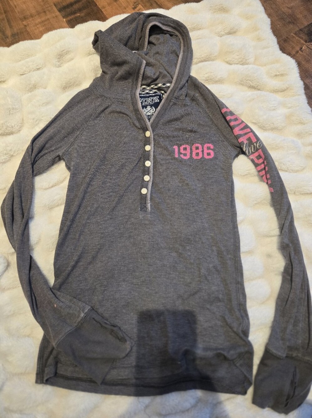 Vintage PINK Y2K [X Small] Gray Hooded Ribbed Henley Grunge Coquette Thumbholes